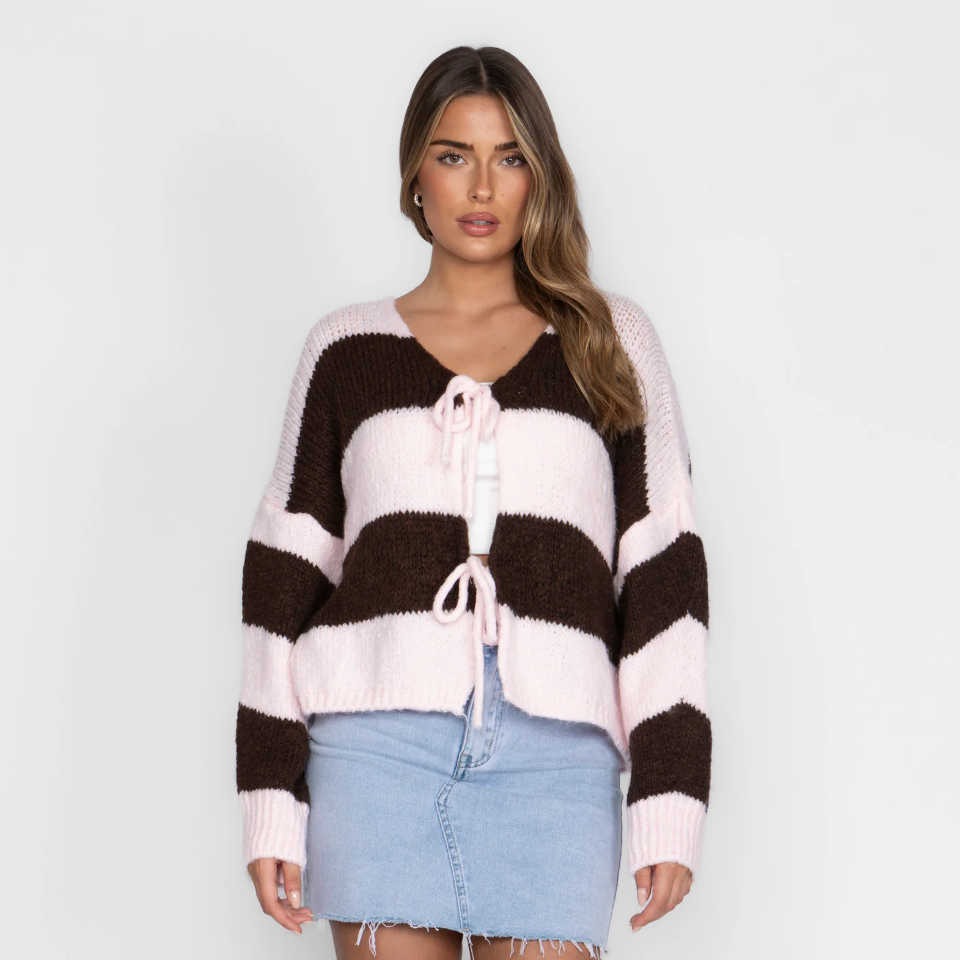 Gestreifter V-Ausschnitt Schleifen Cardigan - Image 17