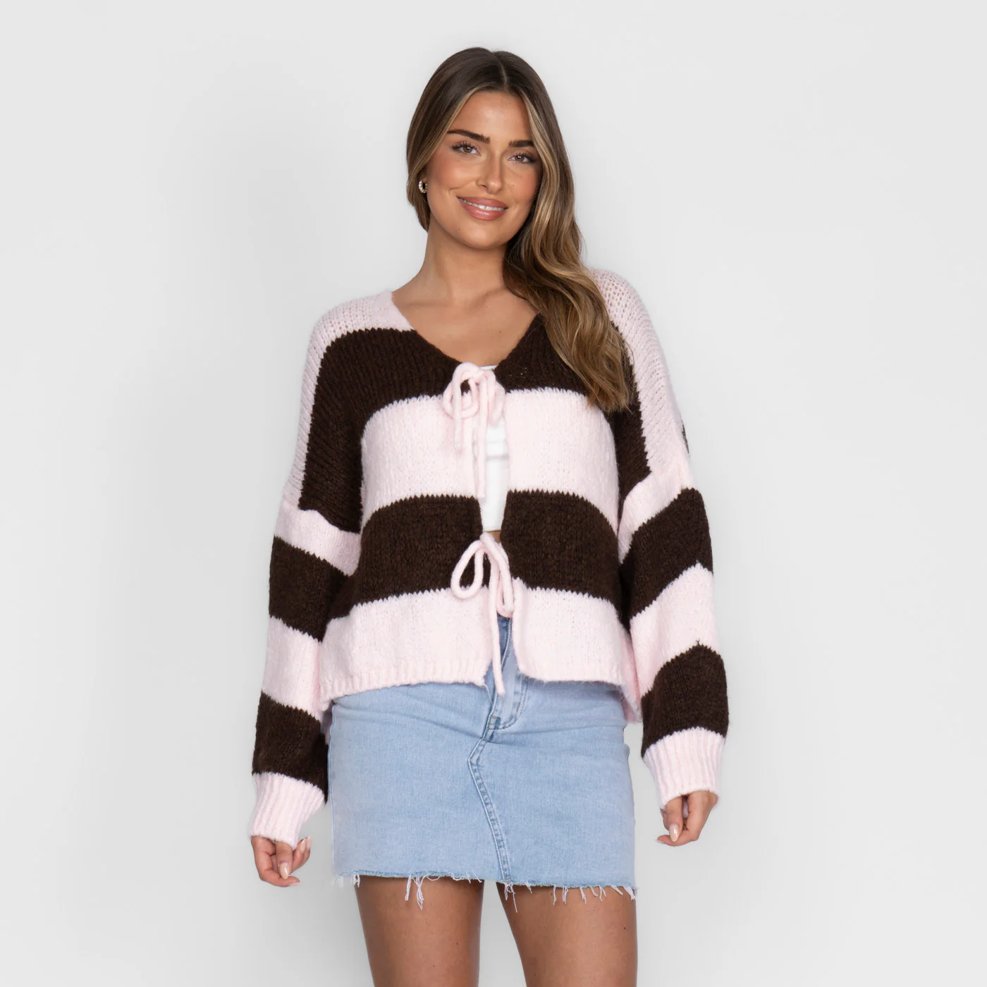 Gestreifter V-Ausschnitt Schleifen Cardigan - Image 18